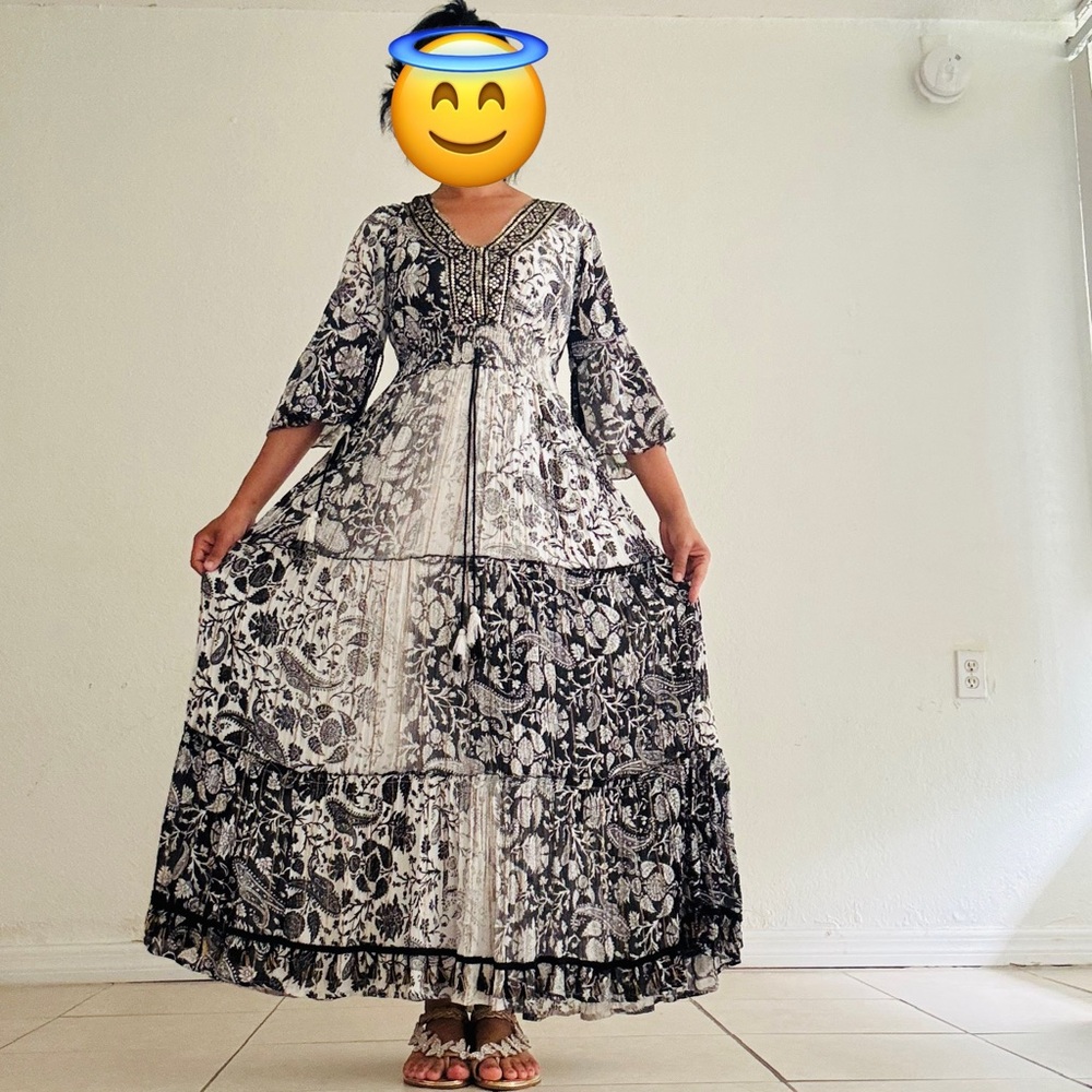 Boho Floral Tiered Maxi Dress in Black & White